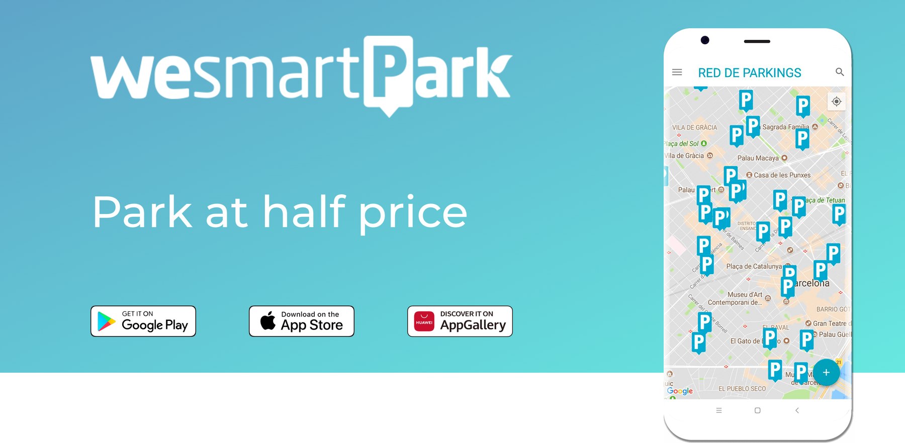 WeSmartPark’s website showing parking locations in Barcelona and its booking app